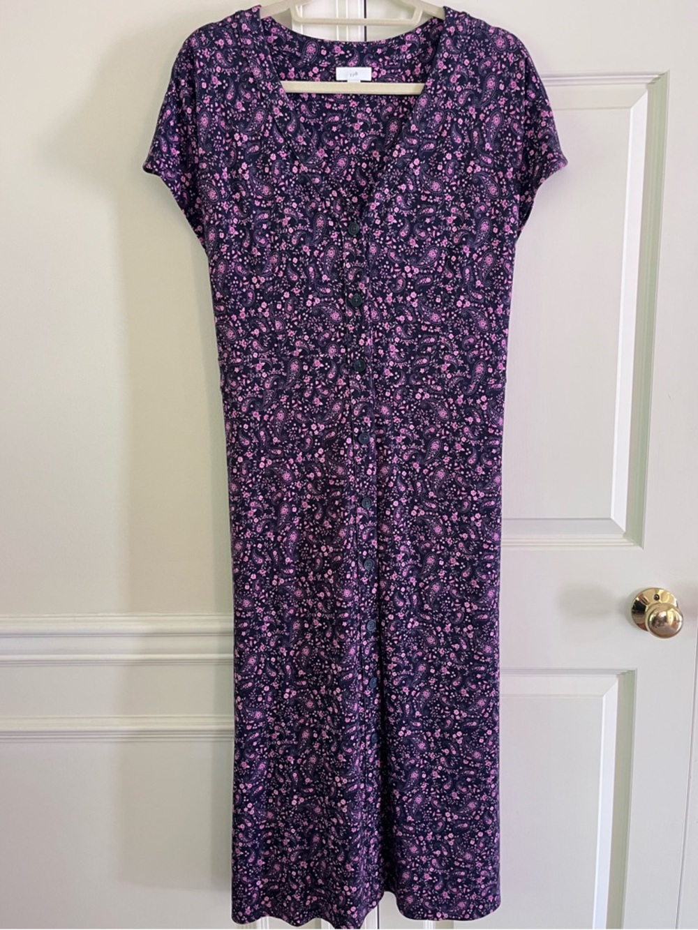 J. Jill V-Neck Button Front Purple Floral Paisley Midi Dress Size L